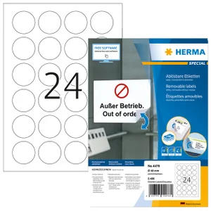 Etiket HERMA 4476 40mm verwijderbaar wit 2400 stuk