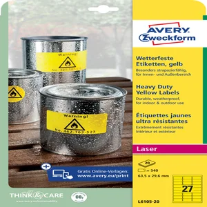 Etiket Avery L6105-20 63.5x29.6mm geel 540 stuks