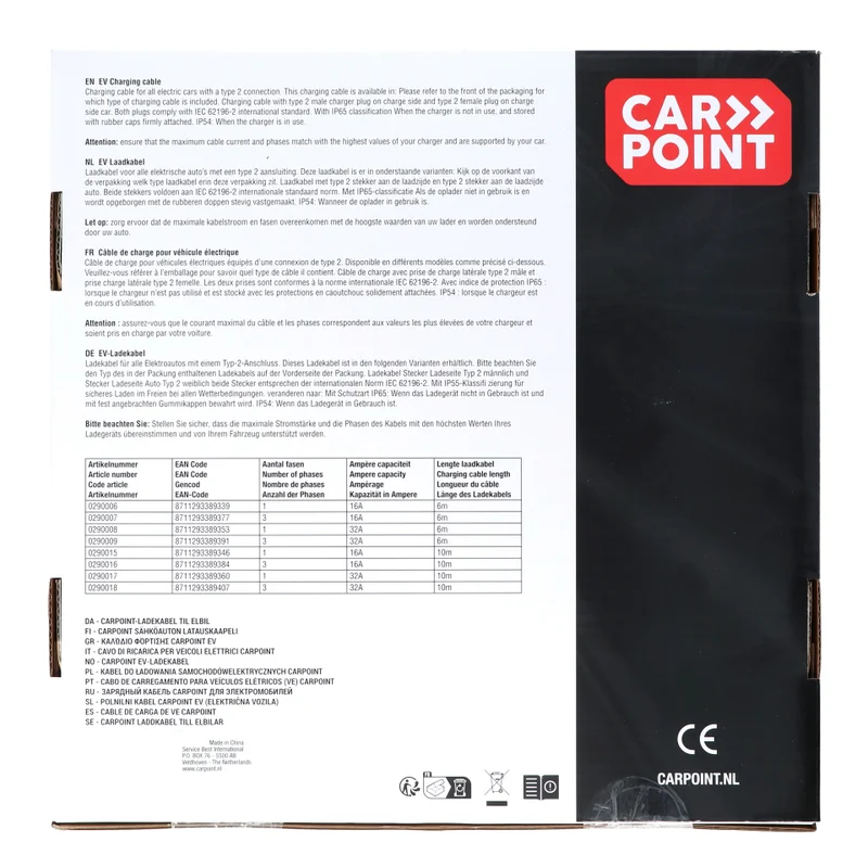 Carpoint Electric Vehicle Charging Cable Type2>2 32A 3ph 10