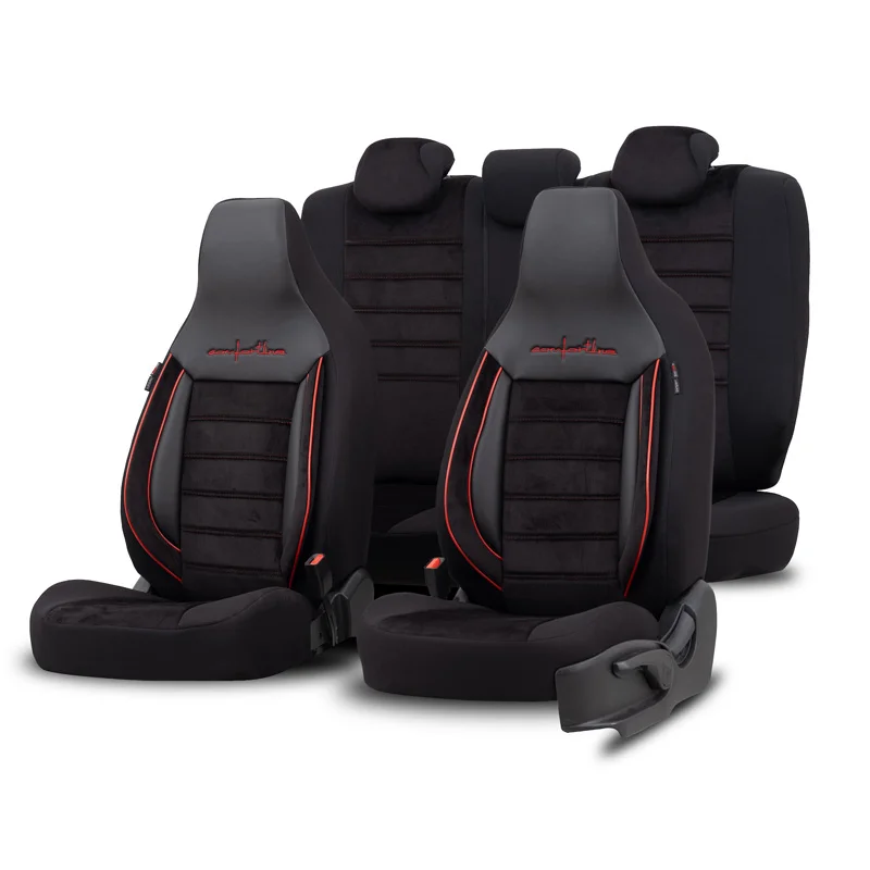 otoM Universele Velours/Stoffen ‘CityBug’ Stoelhoezenset ‘Comfortline’ Zwart/Rood – 9-delig – geschikt voor Side-Airbags