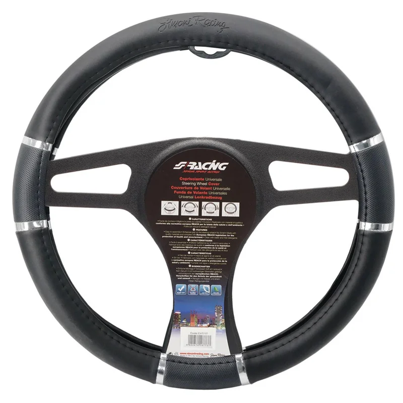 Simoni Racing Stuurwielhoes Chroom&Zwart - Zwart Eco-Leder/Chroom - 37-39cm