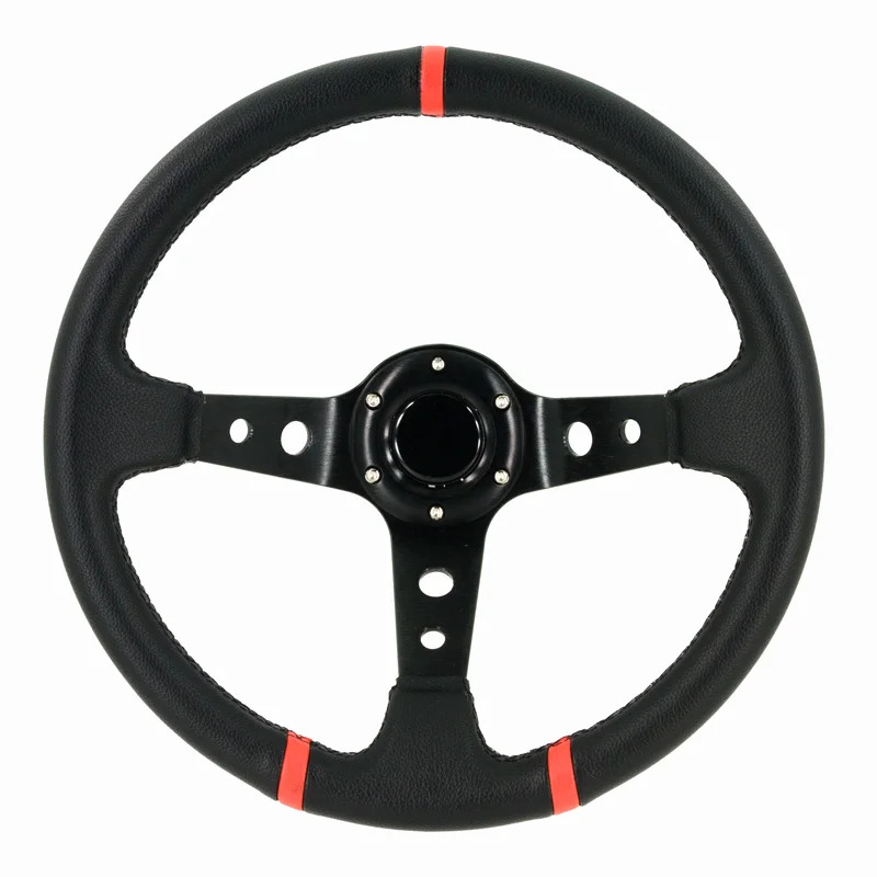 AutoStyle Universeel sportstuur 'Deep-Dish' - Ø350mm - Zwart PVC-Leder + Zwarte spaken + Rode Strepen