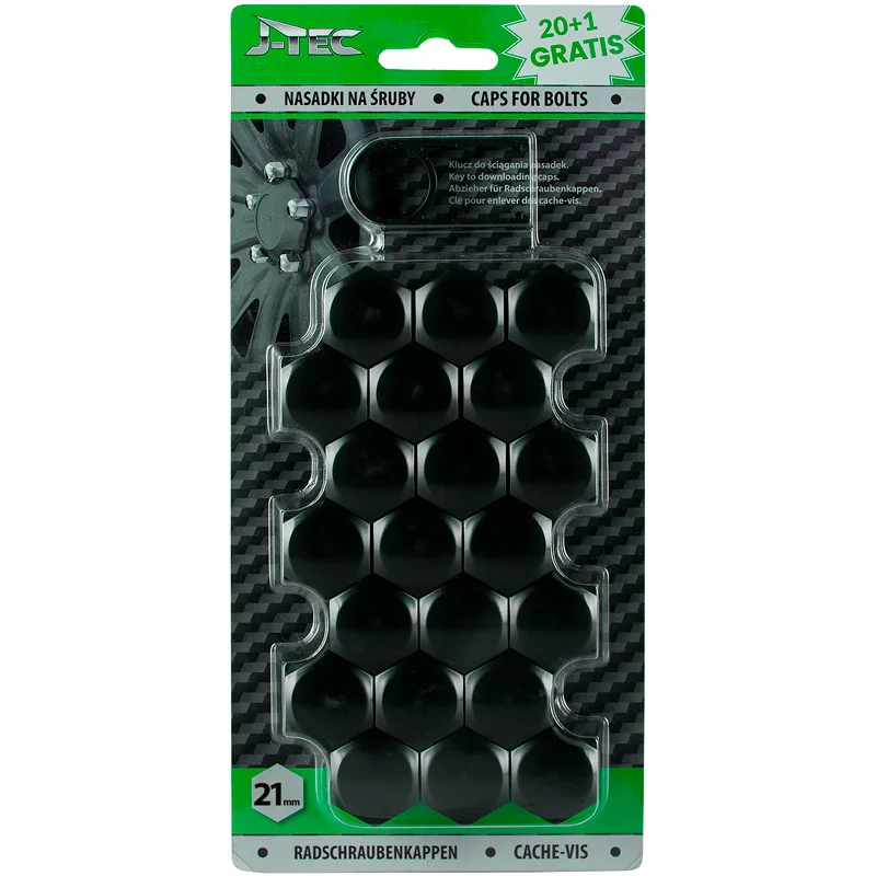 J-Tec Set universele wielmoerkapjes - Zwart Kunststof - 21mm - set à 20+1 stuks