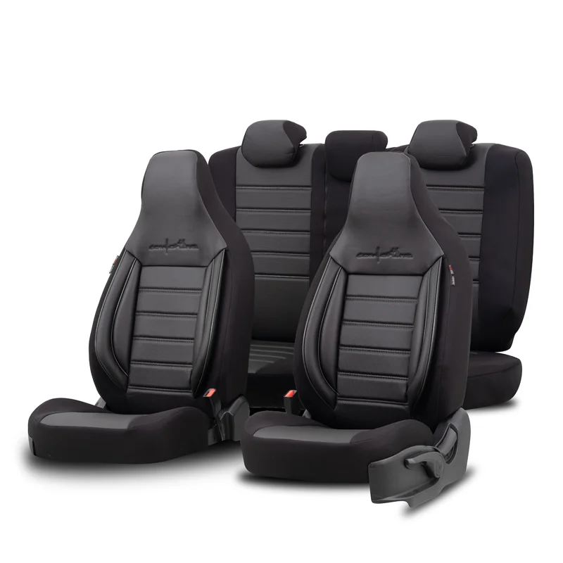 otoM Universele Leder/Stoffen ‘CityBug’ Stoelhoezenset ‘Comfortline’ Zwart/Grijs – 9-delig – geschikt voor Side-Airbags