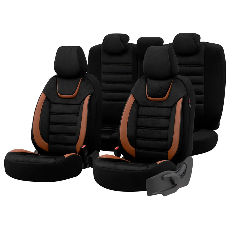 otoM Universele Suede/Leder/Stoffen Stoelhoezenset 'Iconic' Zwart/Terracotta - 11-delig - geschikt voor Side-Airbags
