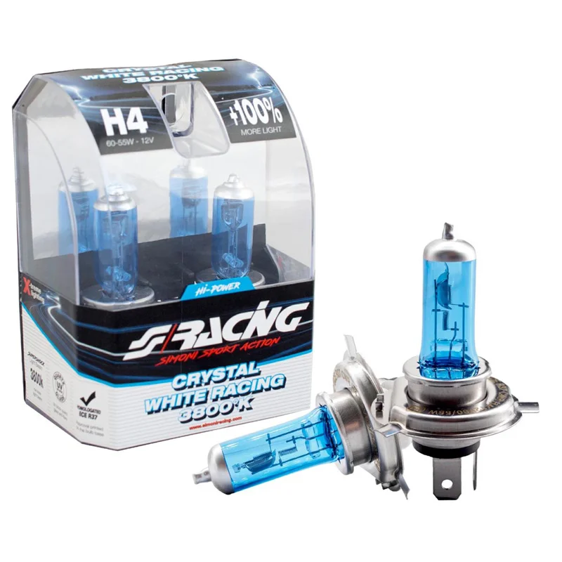 Simoni Racing Halogeen Lampen 'Crystal White Racing' H4 (3800K) 12V/60-55W, set à 2 stuks ECE-R37