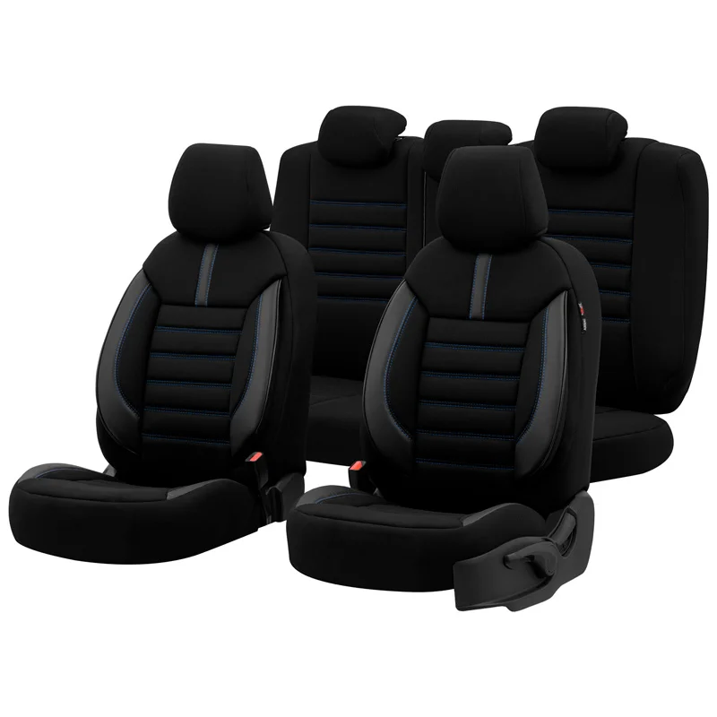 otoM Universele Stoffen/Leder Stoelhoezenset 'Limited' Zwart + Blauwe stiksels - 11-delig - geschikt voor Side-Airbags