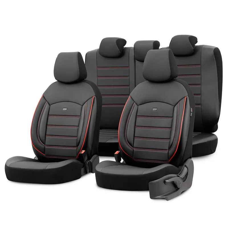 otoM Universele Volleder Stoelhoezenset 'Inspire' Zwart + Rode rand - 11-delig - geschikt voor Side-Airbags