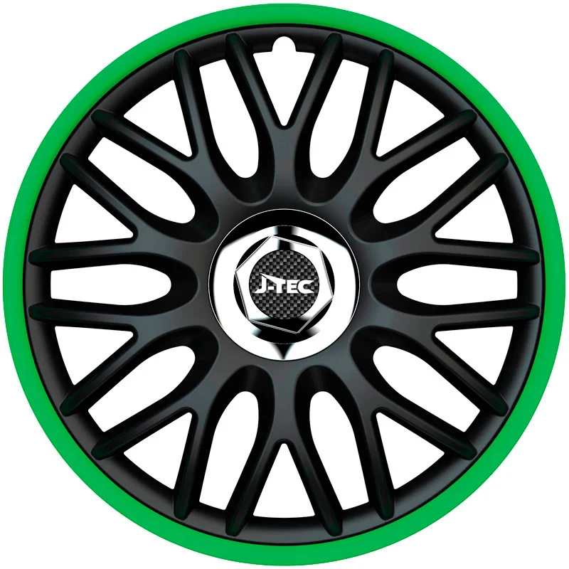 4-Delige J-Tec Wieldoppenset Orden R 14-inch zwart/groen + chroom ring