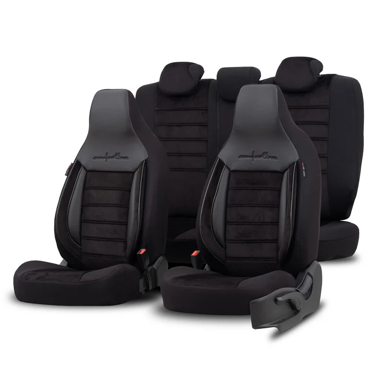 otoM Universele Velours/Stoffen ‘CityBug’ Stoelhoezenset ‘Comfortline’ Zwart/Grijs – 9-delig – geschikt voor Side-Airbags