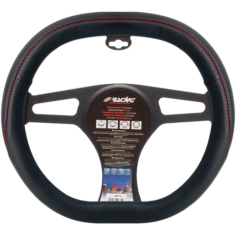 Simoni Racing Stuurwielhoes F&F – Zwart Eco-Leder + Rode Stiksels – 37-39cm – vierkante vorm