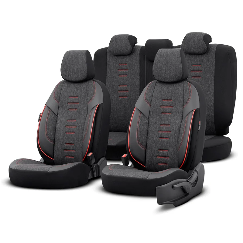 otoM Universele Linnen/Leder/Stoffen Stoelhoezenset 'Throne' Zwart/Grijs/Rood - 11-delig - geschikt voor Side-Airbags