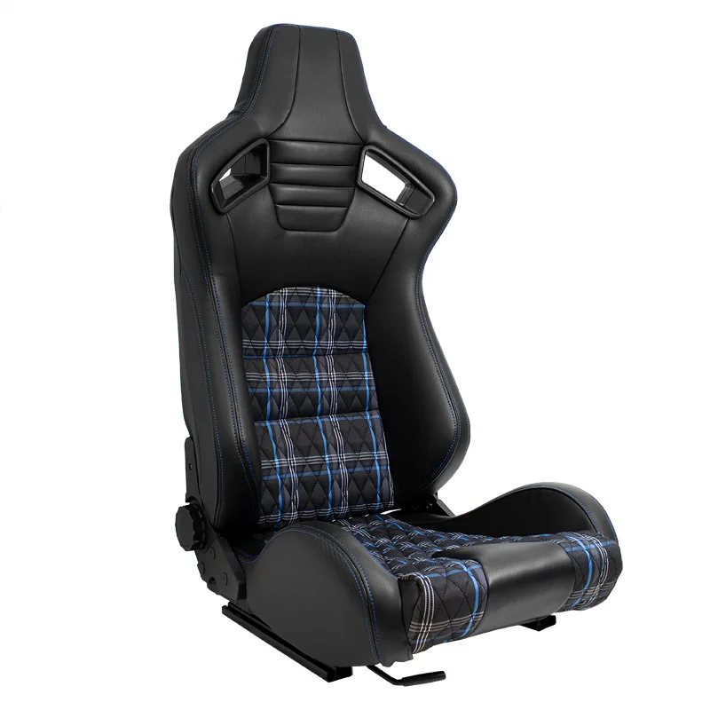 AutoStyle Sportstoel ‘GT’ – Zwart Kunstleder + Stof in Blauw ruitmotief + Blauwe stiksels – Dubbelzijdig verstelbare rugleuning – incl. sledes