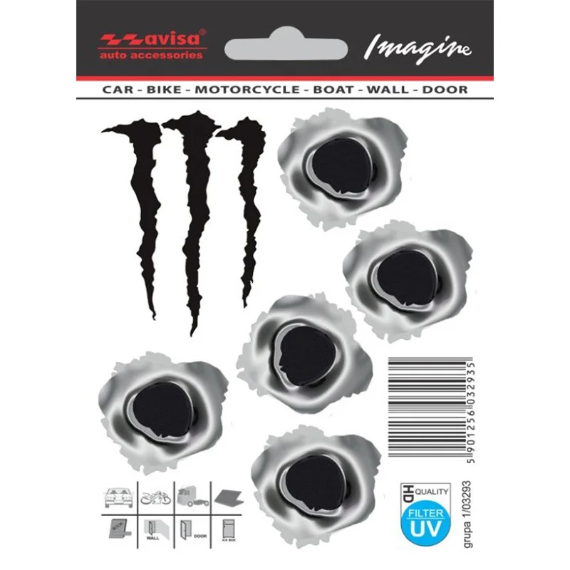 Avisa Sticker 5 Bullet Holes 3,5x3x5 cm + Monster 4,5x6.5cm - zwart/metaal