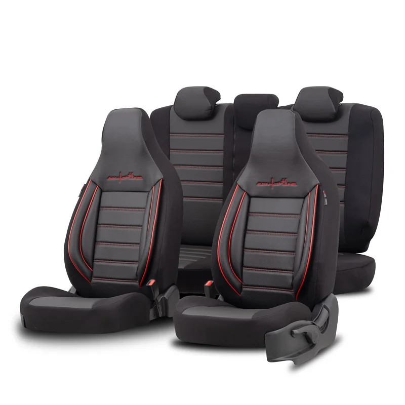 otoM Universele Leder/Stoffen ‘CityBug’ Stoelhoezenset ‘Comfortline’ Zwart/Rood – 9-delig – geschikt voor Side-Airbags