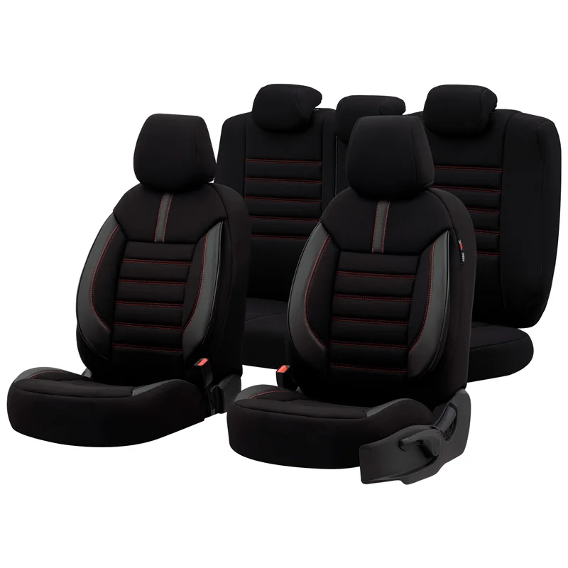otoM Universele Stoffen/Leder Stoelhoezenset 'Limited' Zwart + Rode stiksels - 11-delig - geschikt voor Side-Airbags
