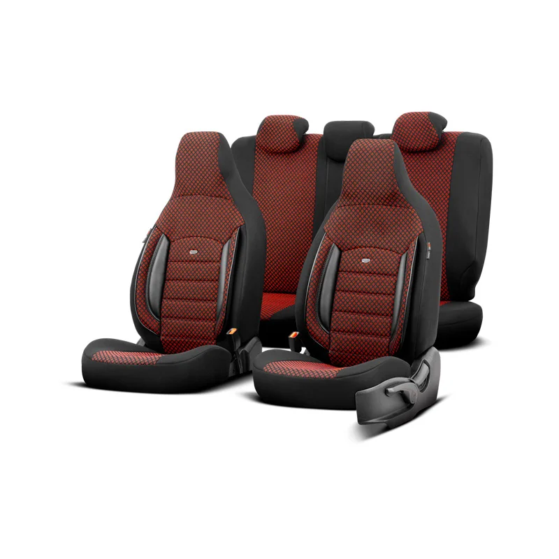 otoM Universele Stoffen ‘CityBug’ Stoelhoezenset ‘Sport Plus’ Zwart/Rood – 9-delig – geschikt voor Side-Airbags